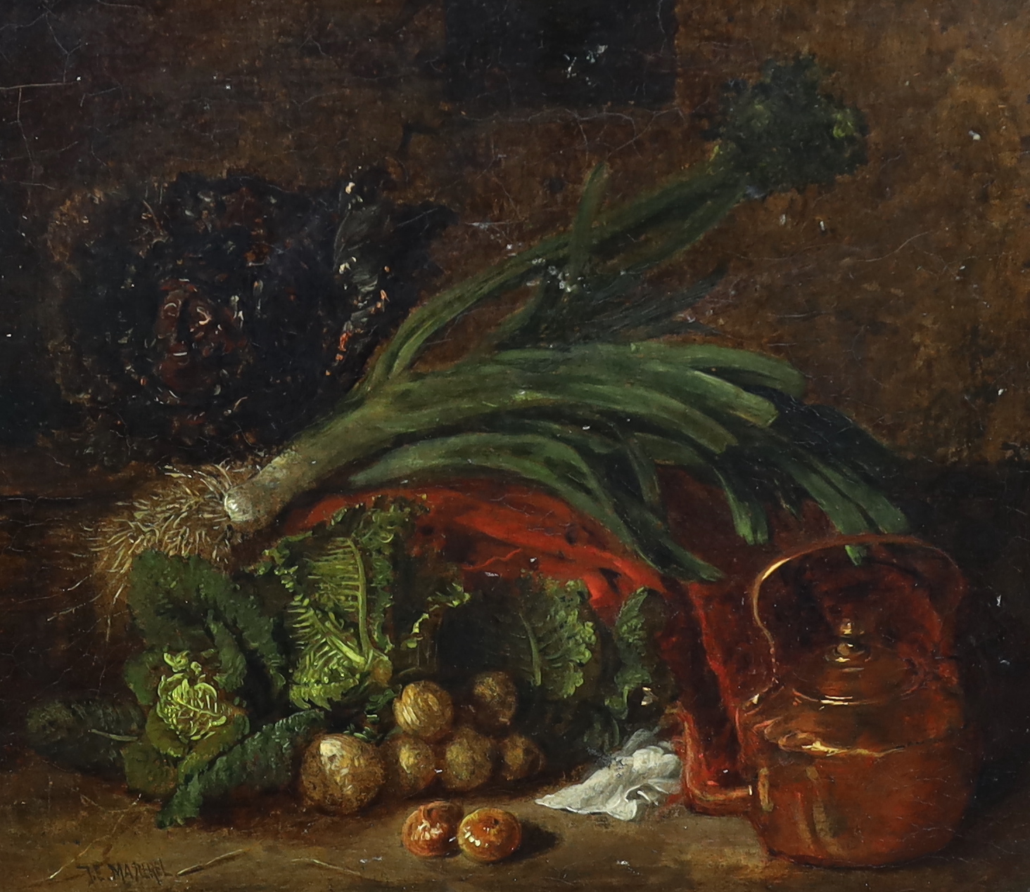 Johannes Engel Masurel (Dutch, 1826-1915), Still lifes of a Copper kettle and vegetables and Dead game in a pantry, oils on wooden panel, a pair, 22 x 24.5cm